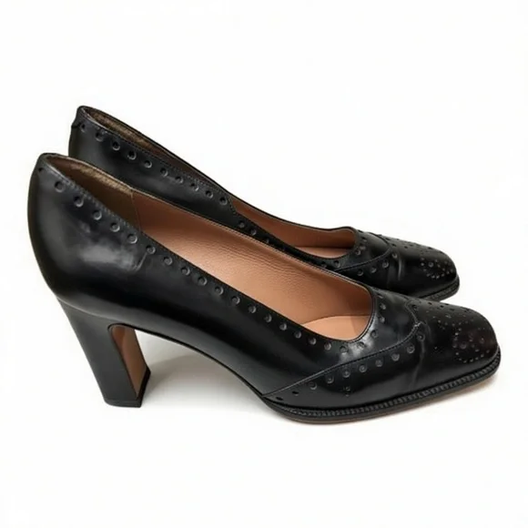 Vintage Anne Klein Black All Leather Wingtip Oxford Pumps Square Toe Italy 6 - Picture 2 of 16